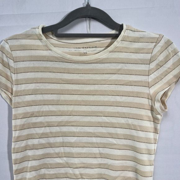 Ann Taylor Yellow White Stripe Short Sleeve Scoop Neck Classic T Shirt Women XS - Picture 3 of 7